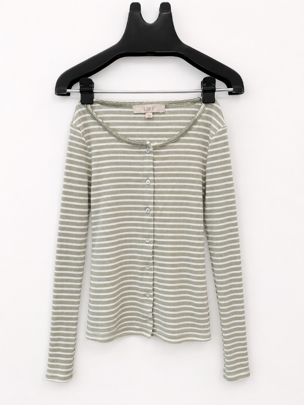 LOFT Olive Green and White Striped Ribbed Cardigan